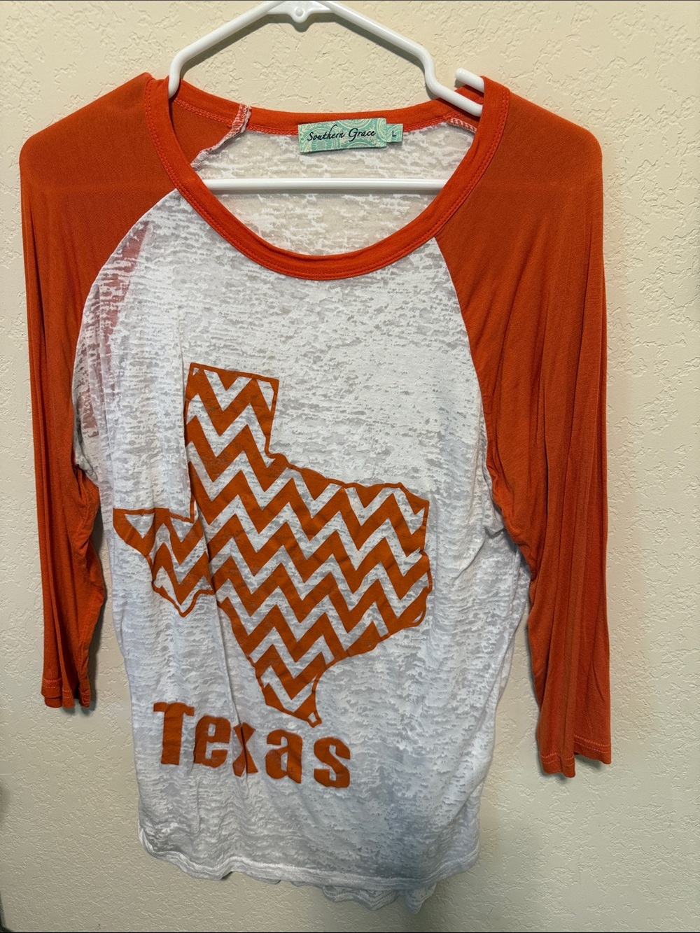Southern Grace Orange and White Texas Chevron Raglan Long Sleeve Tee